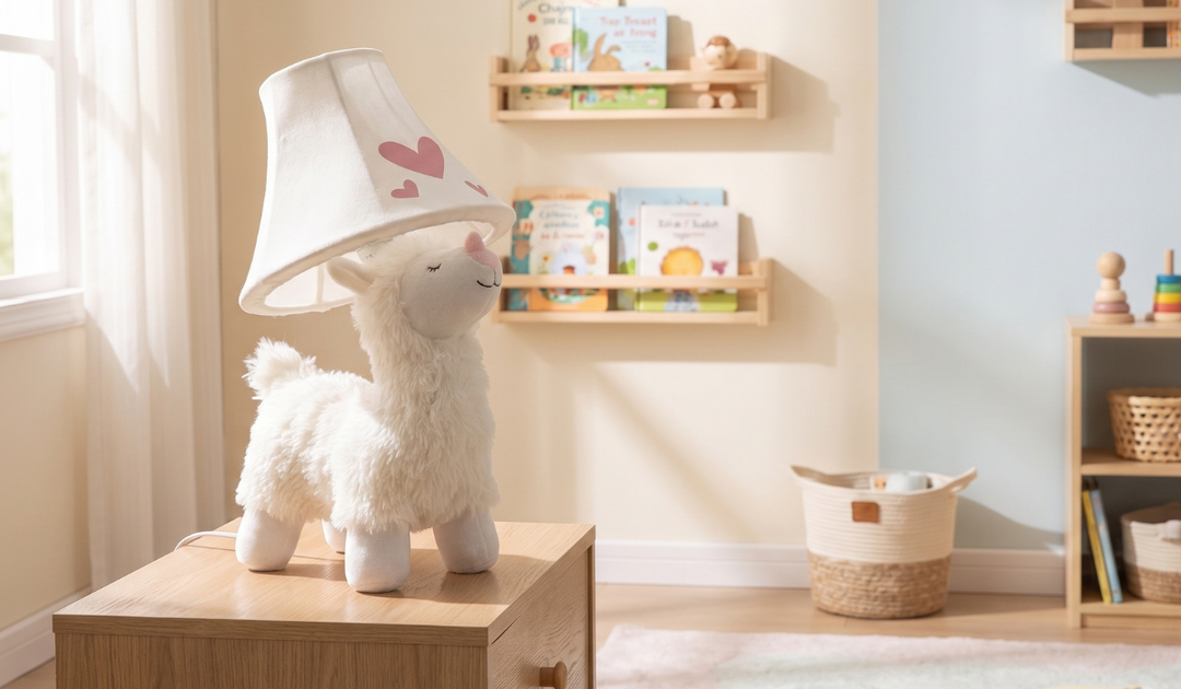 Naturally KIDS white alpaca table lamp on a wooden dresser in a kid's room with picture books on wall shelves