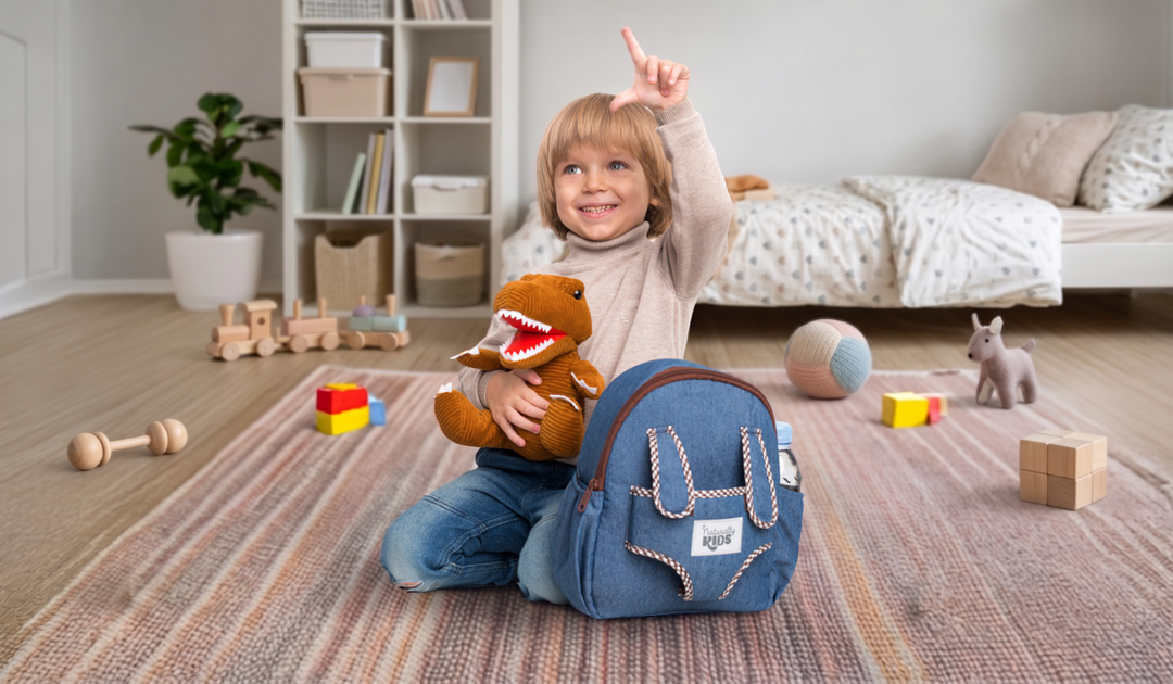 Toddler hugs a corduroy plush T-Rex next to a Naturally KIDS small backpack with a water bottle in the side pocket