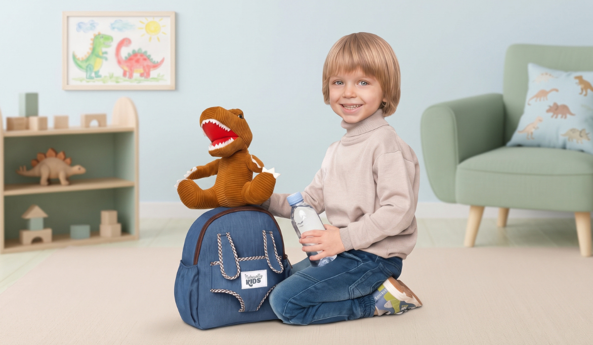 A smiling toddler kneels with a water bottle beside a Naturally KIDS backpack with pockets and a brown plush T-Rex
