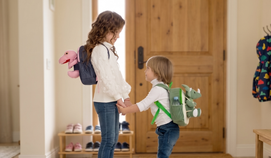 A big kid and a toddler hold hands by the front door, each wearing a Naturally KIDS backpack with a plush dinosaur