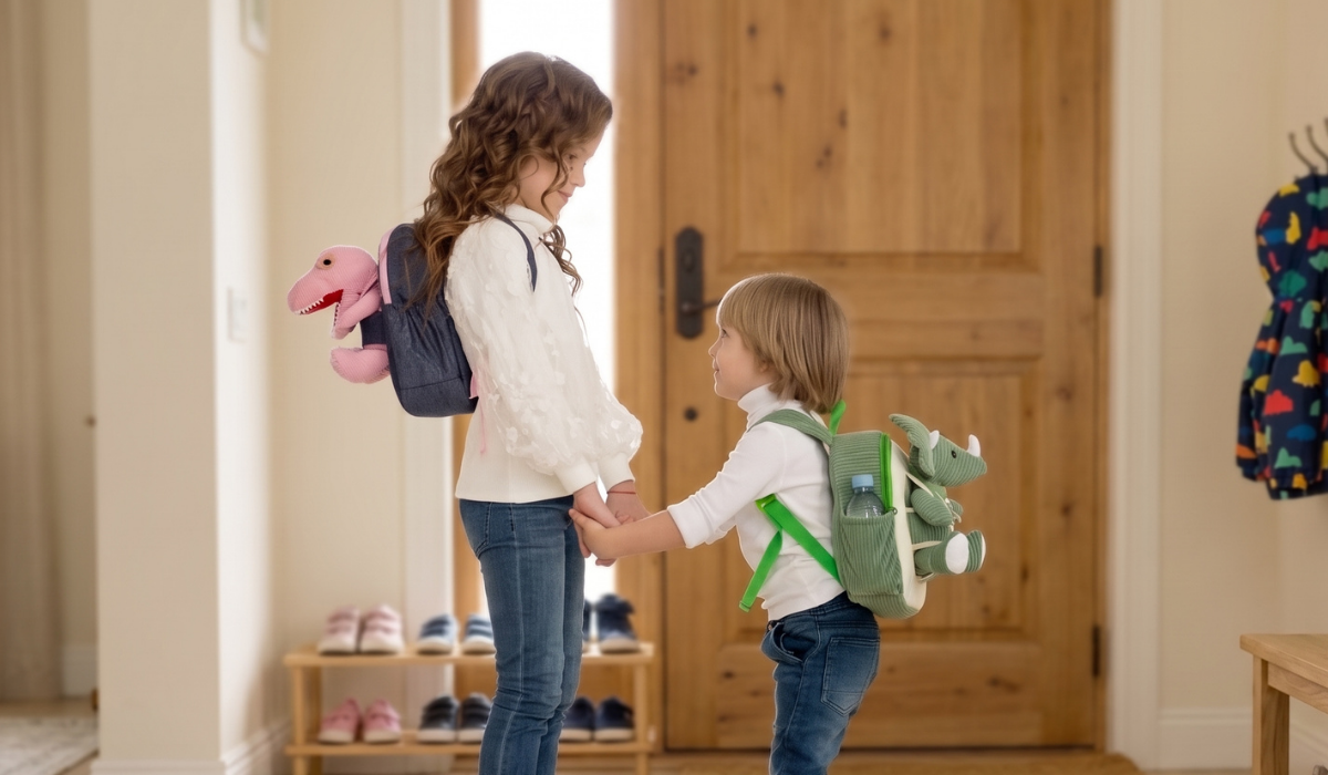 A big kid and a toddler hold hands by the front door, each wearing a Naturally KIDS backpack with a plush dinosaur