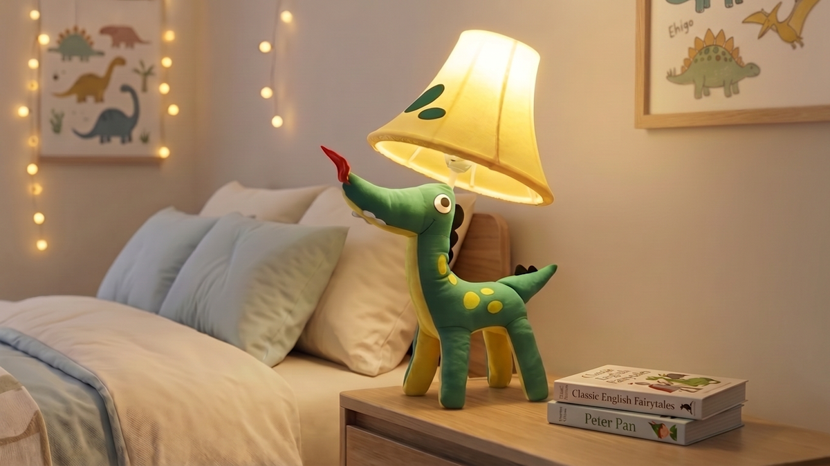 Naturally KIDS green dinosaur table lamp with a warm light on a wooden nightstand by a bed, next to two books