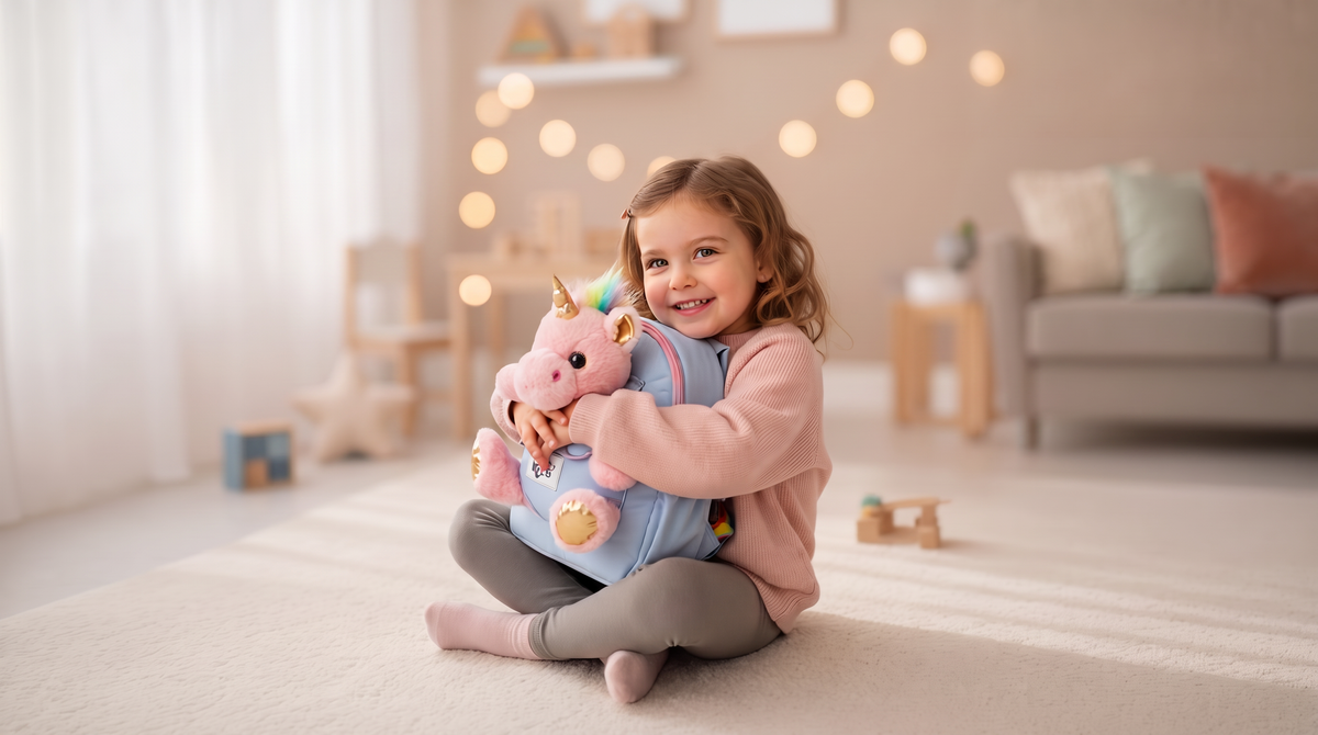 Smiling girl sits on a rug and hugs a Naturally KIDS light blue backpack with a pink plush unicorn on the front