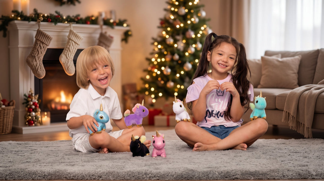 Two children play with Naturally KIDS plush unicorns from a set of 6 on a rug by a Christmas tree and fireplace