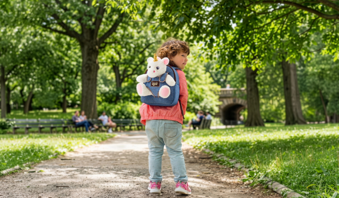 Naturally KIDS unicorn backpack with removable plush unicorn worn by a three-year-old girl walking in the park