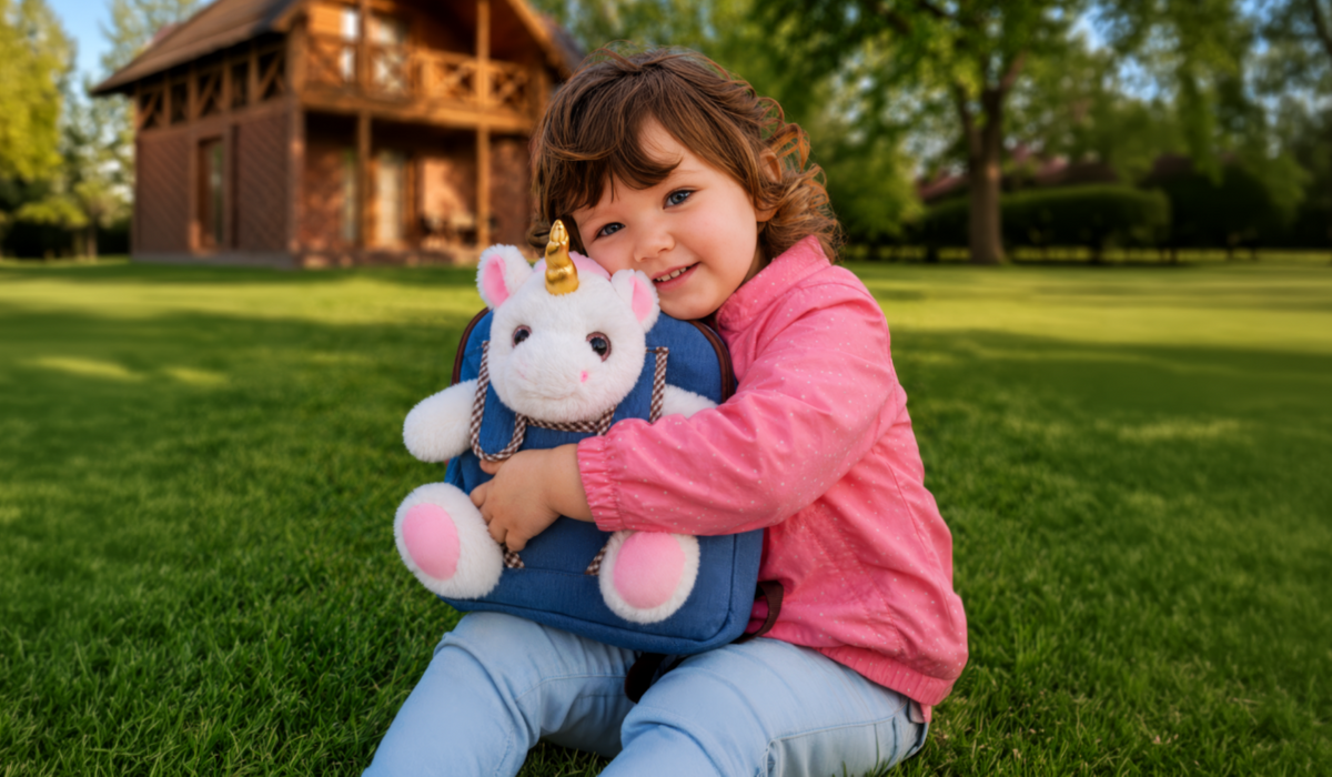 Naturally KIDS unicorn backpack with removable plush unicorn on a two-year-old girl at daycare