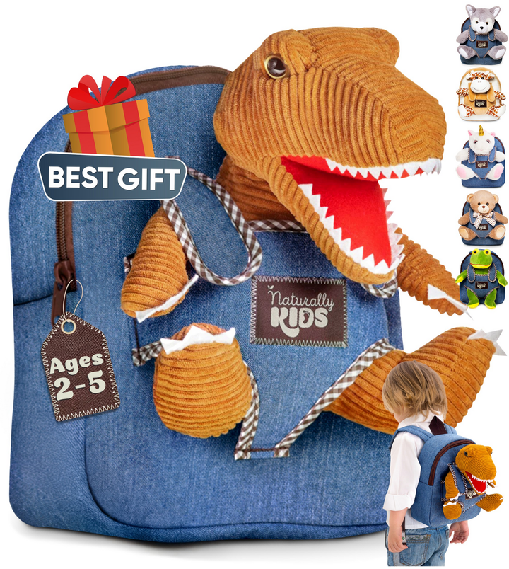 🦖 Toddler Backpack w. Plush Dinosaur Toy — Dinosaur Backpack for Kids 3-5