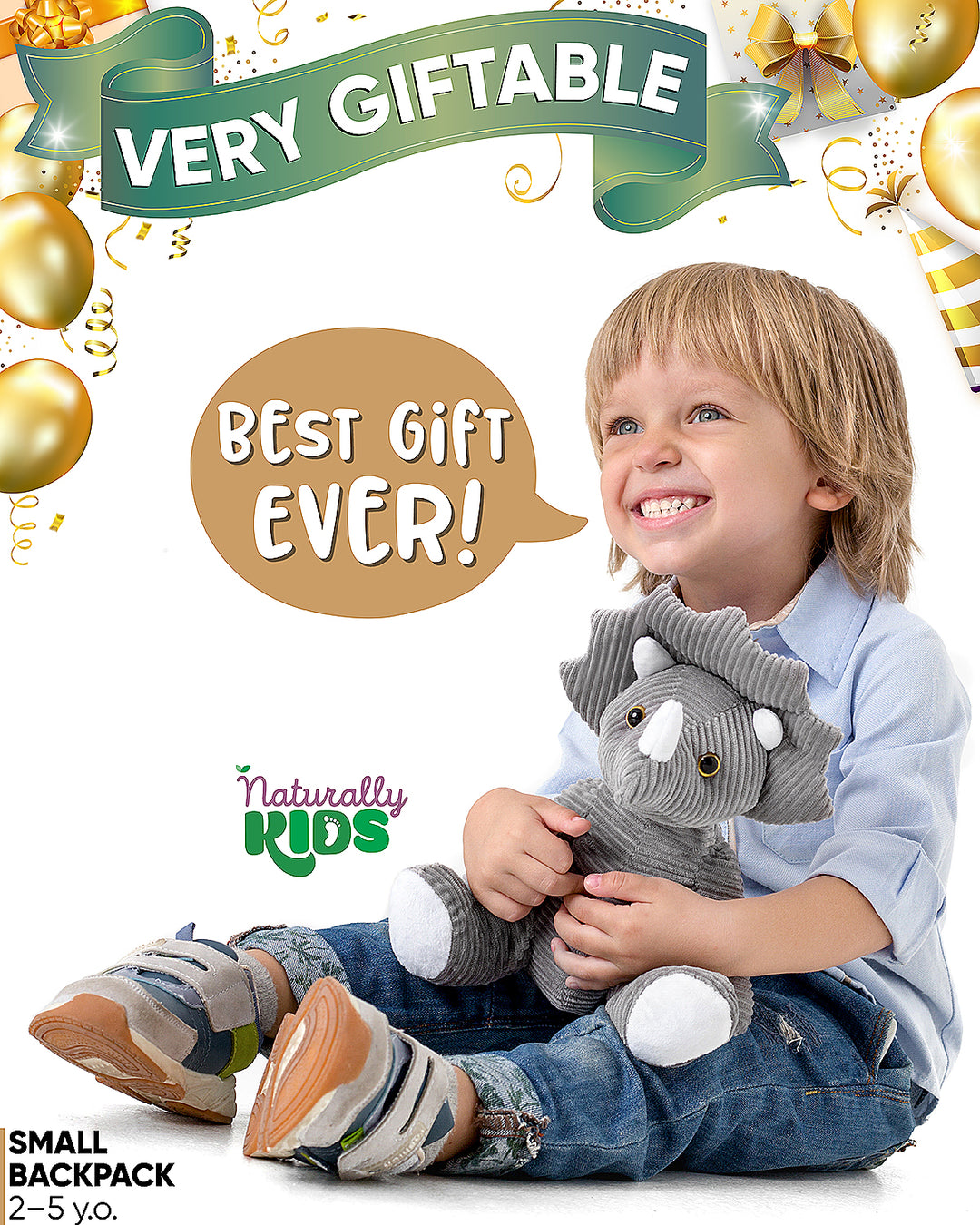 Toddler Dinosaur Backpack &amp; Gray Triceratops Stuffed Plush Toy — Classic SMALL