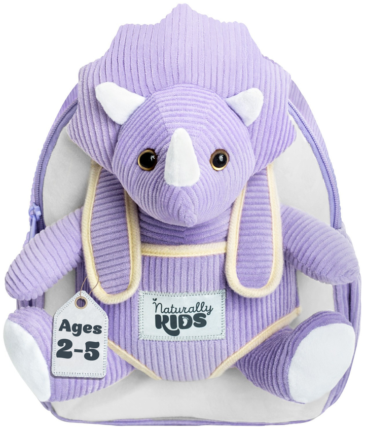 Toddler Dinosaur Backpack with Purple Triceratops Plush — SMALL with pockets &amp; reflective safety patch