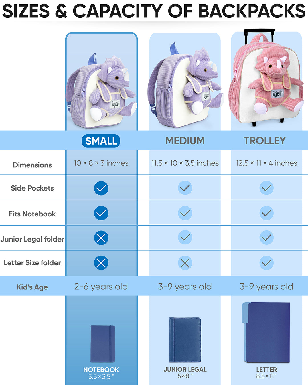 Toddler Dinosaur Backpack with Purple Triceratops Plush — SMALL with pockets &amp; reflective safety patch