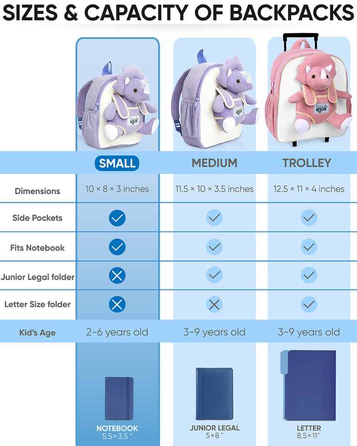 Toddler Dinosaur Backpack with Purple Triceratops Plush — SMALL with pockets &amp; reflective safety patch
