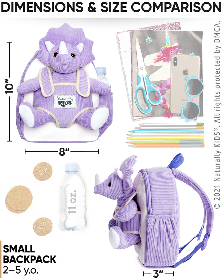 Toddler Dinosaur Backpack with Purple Triceratops Plush — SMALL with pockets &amp; reflective safety patch