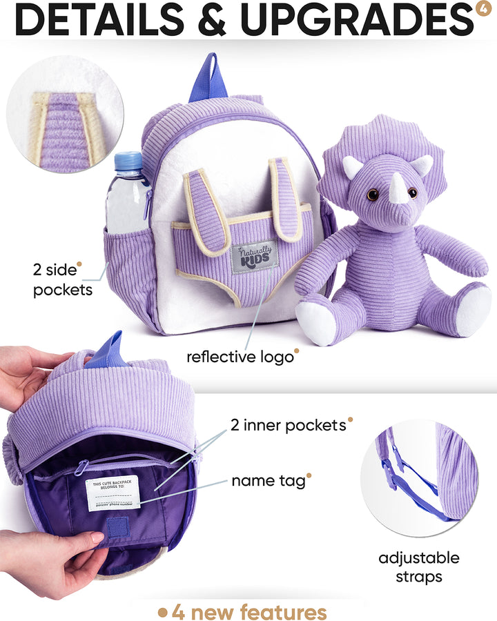 Toddler Dinosaur Backpack with Purple Triceratops Plush — SMALL with pockets &amp; reflective safety patch
