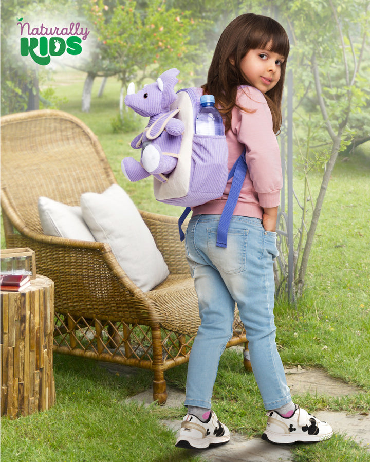 Toddler Dinosaur Backpack with Purple Triceratops Plush — SMALL with pockets &amp; reflective safety patch