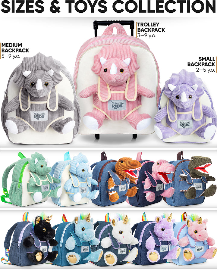 Toddler Dinosaur Backpack with Purple Triceratops Plush — SMALL with pockets &amp; reflective safety patch