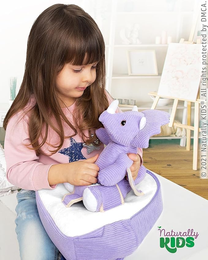 Toddler Dinosaur Backpack with Purple Triceratops Plush — SMALL with pockets &amp; reflective safety patch
