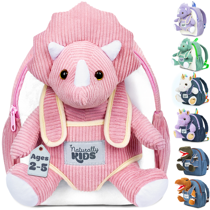 Toddler Dinosaur Backpack with Pink Triceratops Plush — SMALL with pockets &amp; reflective safety patch