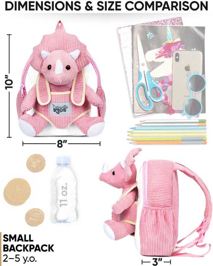Toddler Dinosaur Backpack with Pink Triceratops Plush — SMALL with pockets &amp; reflective safety patch