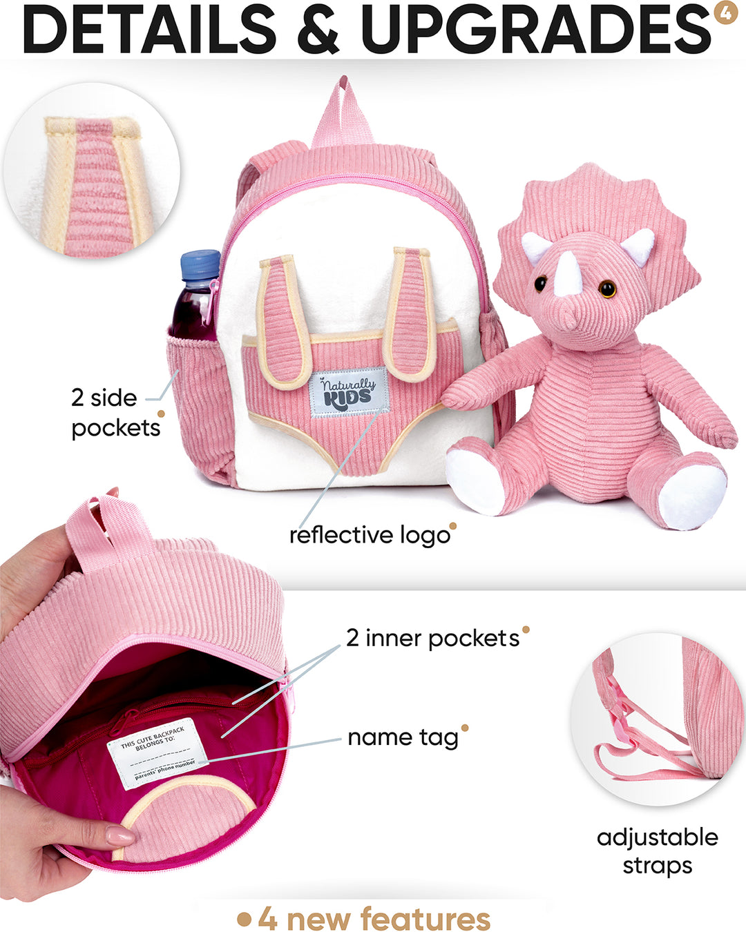Toddler Dinosaur Backpack with Pink Triceratops Plush — SMALL with pockets &amp; reflective safety patch