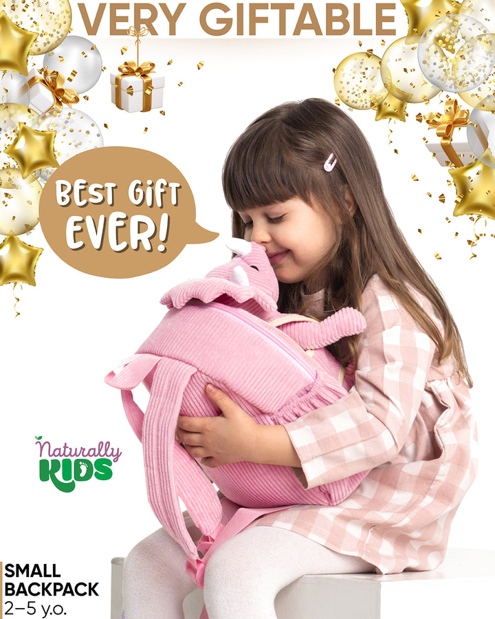 Toddler Dinosaur Backpack with Pink Triceratops Plush — SMALL with pockets &amp; reflective safety patch