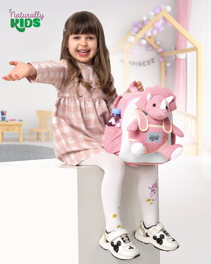 Toddler Dinosaur Backpack with Pink Triceratops Plush — SMALL with pockets &amp; reflective safety patch