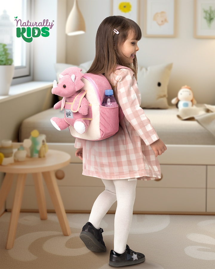 Toddler Dinosaur Backpack with Pink Triceratops Plush — SMALL with pockets &amp; reflective safety patch