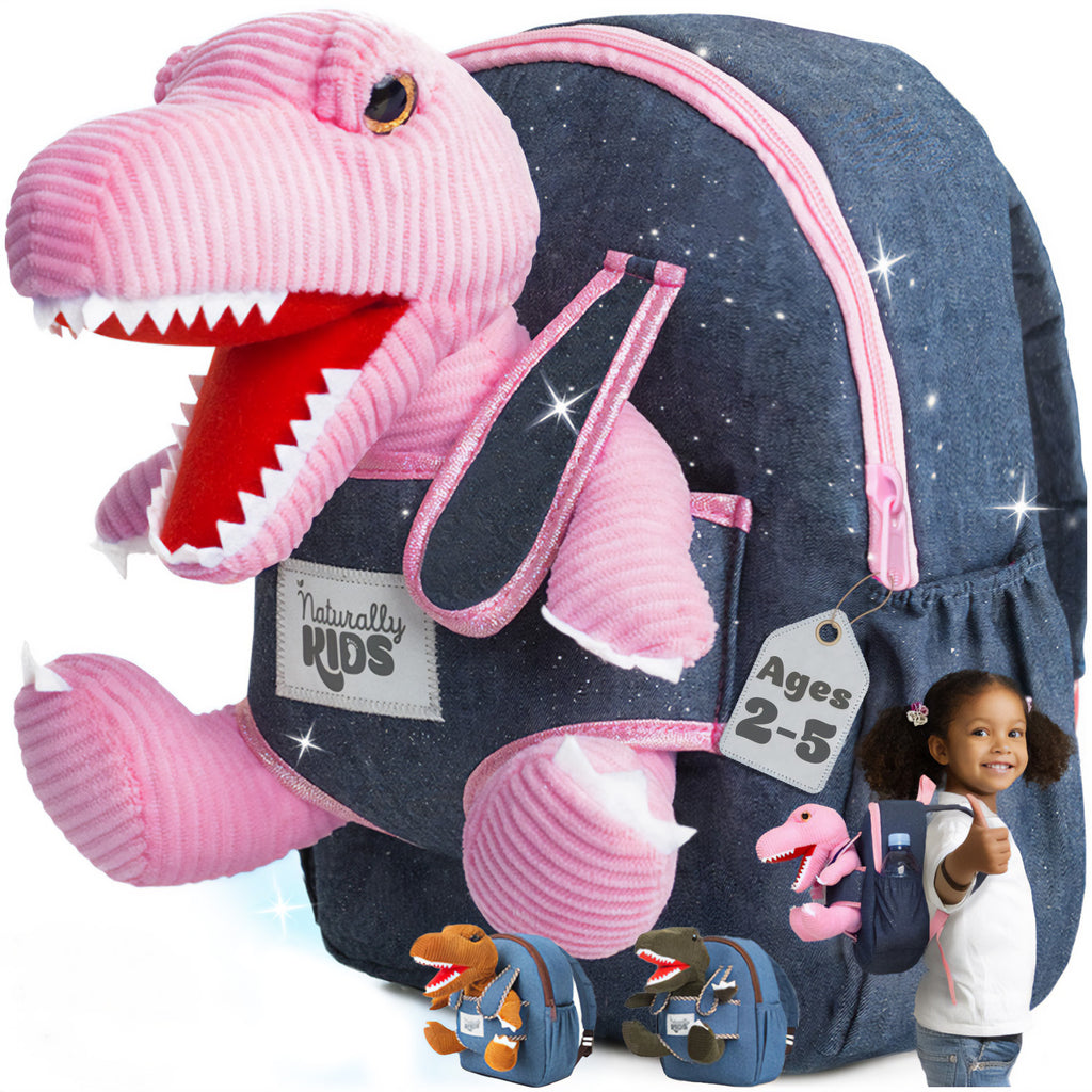 🦖 Kids' Dinosaur Backpack & Pink T-Rex Stuffed Plush Toy — SMALL