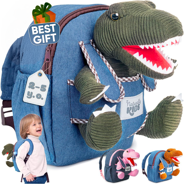 🦖 Toddler Dinosaur Backpack &amp; Green T-Rex Stuffed Plush Toy — SMALL with pockets &amp; reflective safety patch