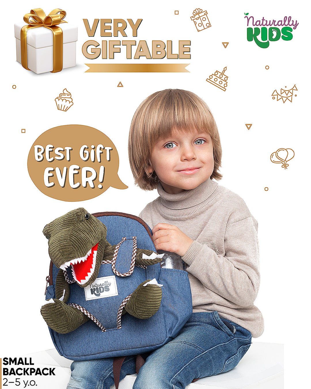 🦖 Toddler Dinosaur Backpack &amp; Green T-Rex Stuffed Plush Toy — SMALL with pockets &amp; reflective safety patch
