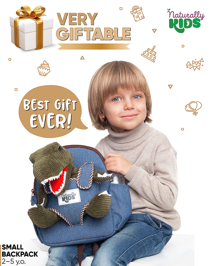 🦖 Toddler Dinosaur Backpack &amp; Green T-Rex Stuffed Plush Toy — SMALL with pockets &amp; reflective safety patch