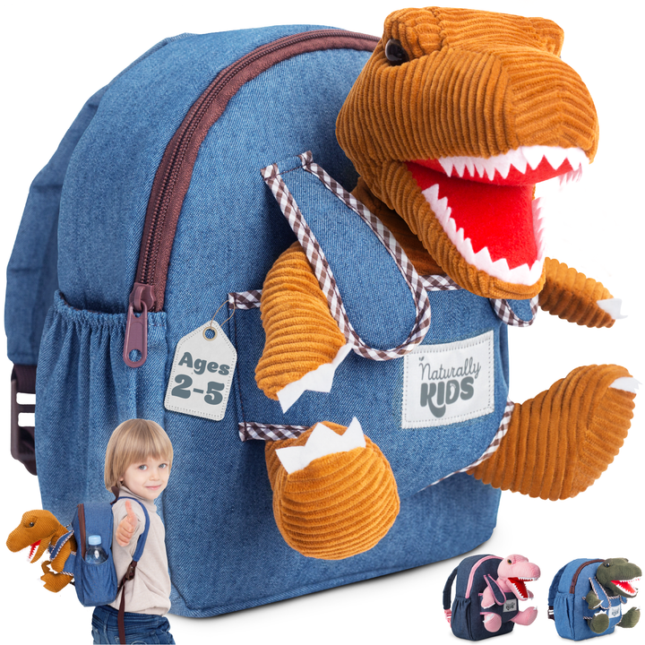 🦖 Toddler Dinosaur Backpack &amp; Brown T-Rex Stuffed Plush Toy — SMALL with pockets &amp; reflective safety patch