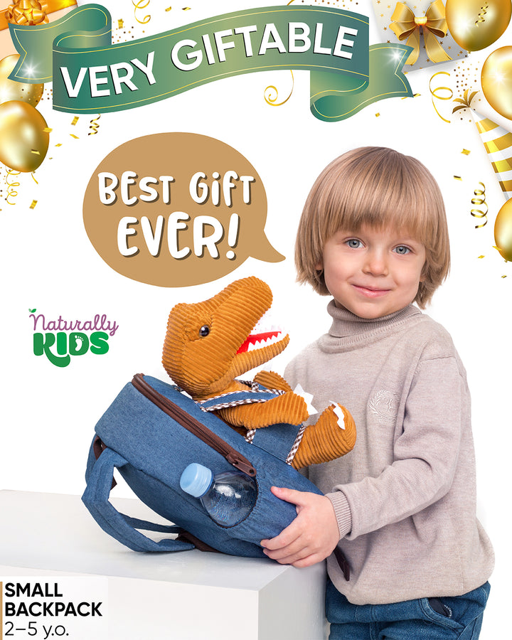 🦖 Toddler Dinosaur Backpack &amp; Brown T-Rex Stuffed Plush Toy — SMALL with pockets &amp; reflective safety patch