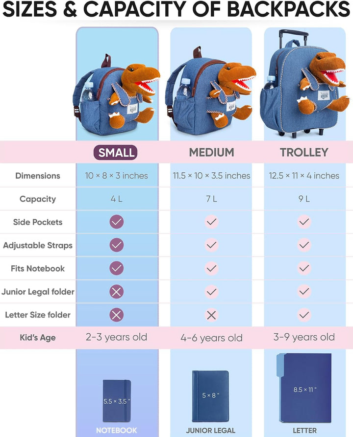 🦖 Toddler Dinosaur Backpack &amp; Brown T-Rex Stuffed Plush Toy — SMALL with pockets &amp; reflective safety patch