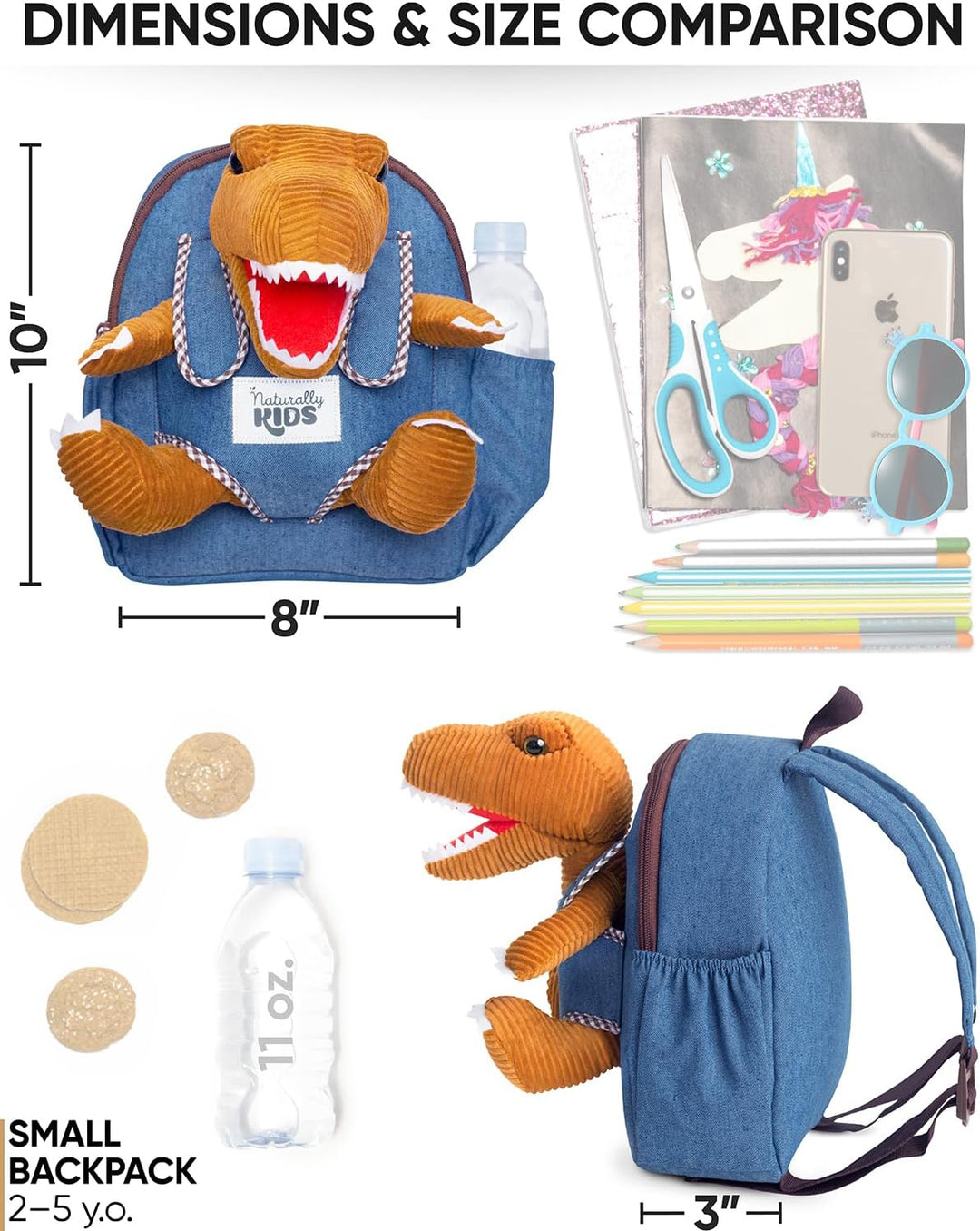 🦖 Toddler Dinosaur Backpack &amp; Brown T-Rex Stuffed Plush Toy — SMALL with pockets &amp; reflective safety patch