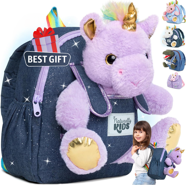 🦄 Toddler Unicorn Backpack &amp; Purple Stuffed Unicorn Plush Toy — SMALL with pockets &amp; reflective safety patch