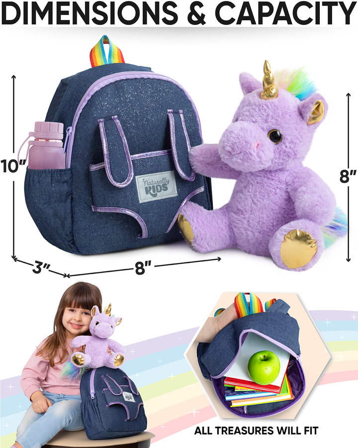 🦄 Toddler Unicorn Backpack &amp; Purple Stuffed Unicorn Plush Toy — SMALL with pockets &amp; reflective safety patch