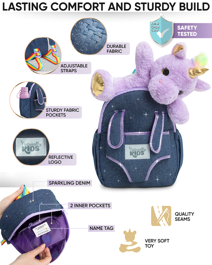 🦄 Toddler Unicorn Backpack &amp; Purple Stuffed Unicorn Plush Toy — SMALL with pockets &amp; reflective safety patch