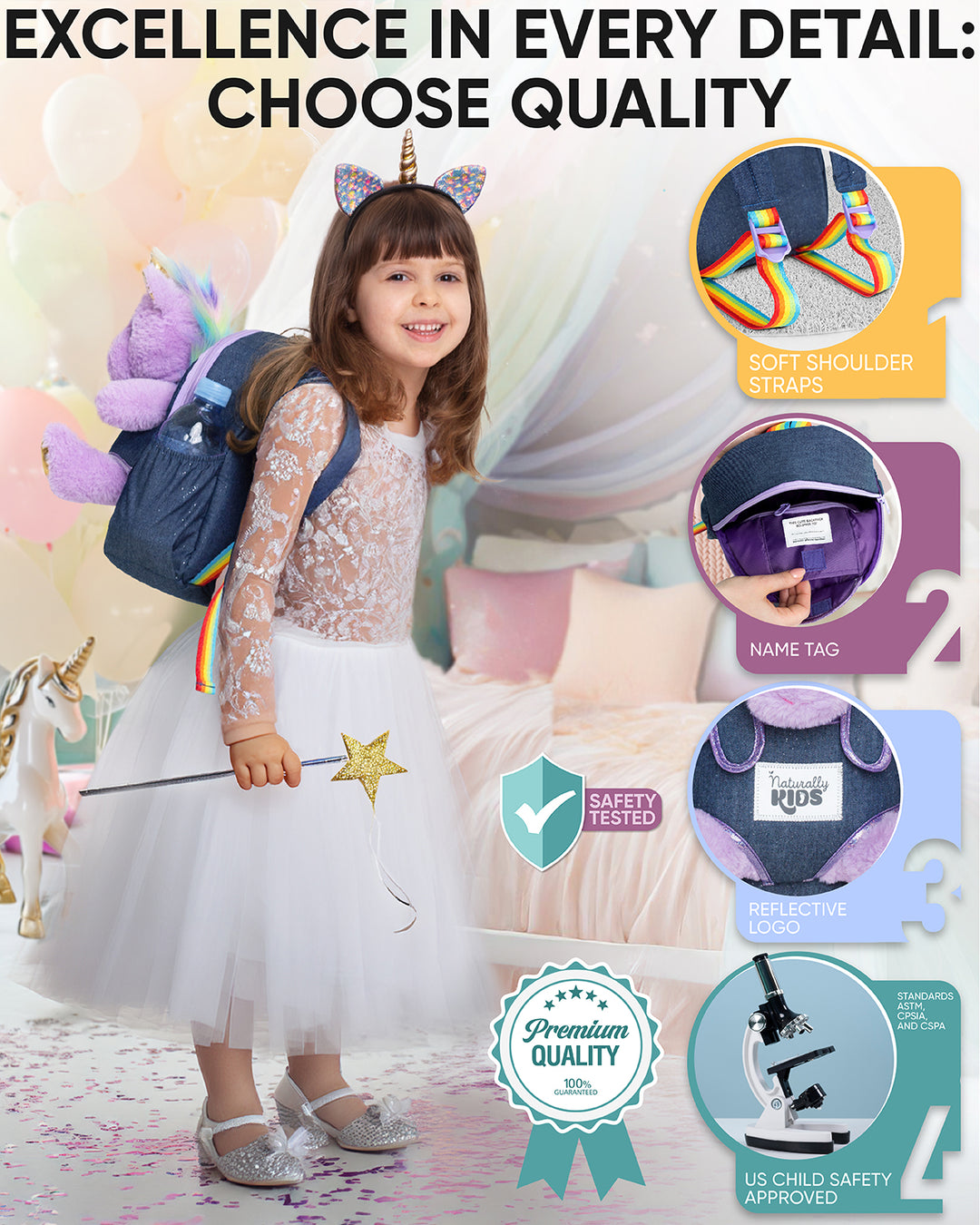 🦄 Toddler Unicorn Backpack &amp; Purple Stuffed Unicorn Plush Toy — SMALL with pockets &amp; reflective safety patch