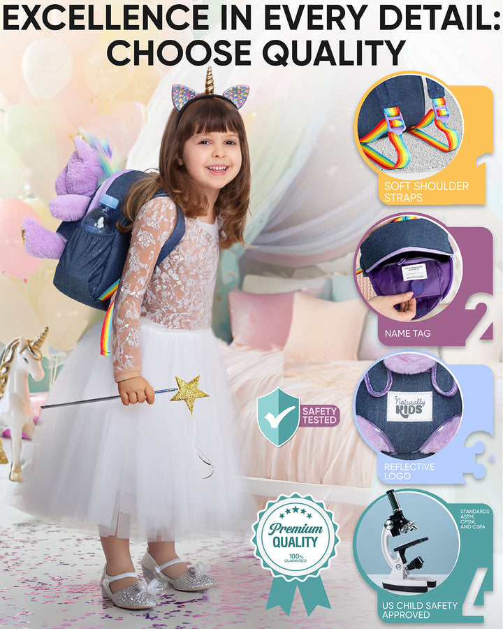 🦄 Toddler Unicorn Backpack &amp; Purple Stuffed Unicorn Plush Toy — SMALL with pockets &amp; reflective safety patch