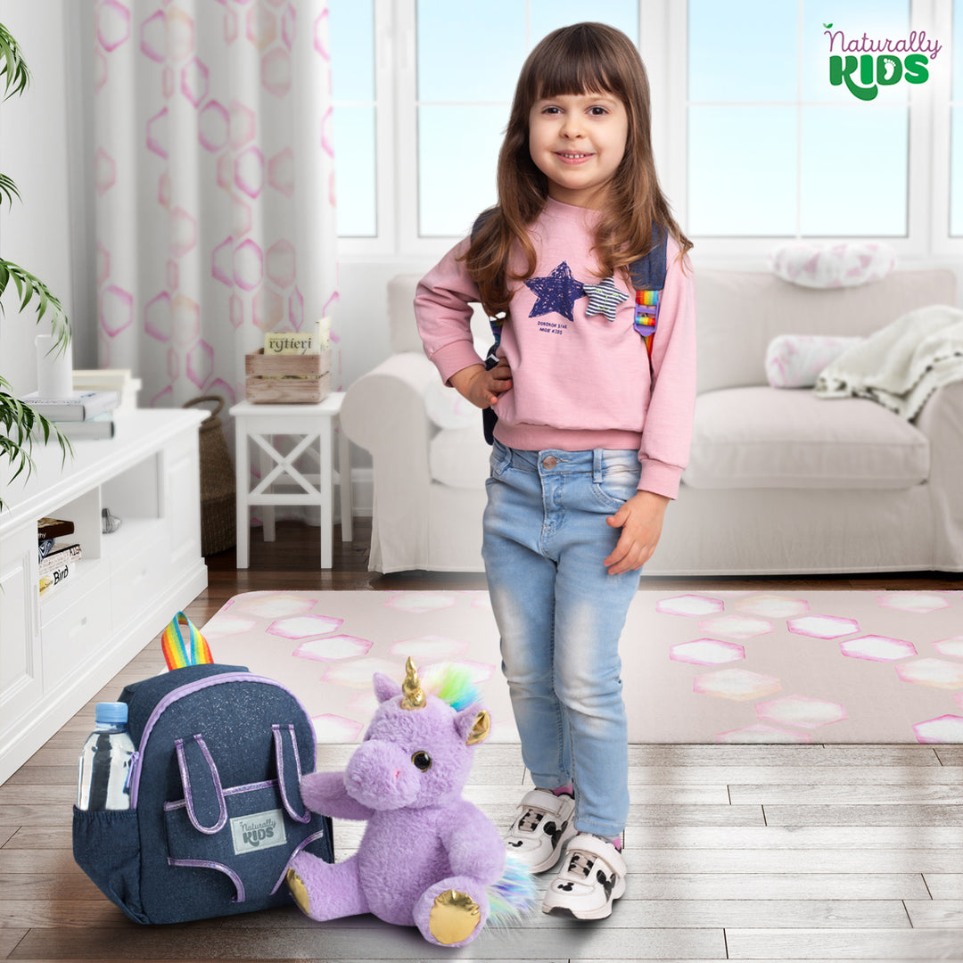 🦄 Toddler Unicorn Backpack &amp; Purple Stuffed Unicorn Plush Toy — SMALL with pockets &amp; reflective safety patch
