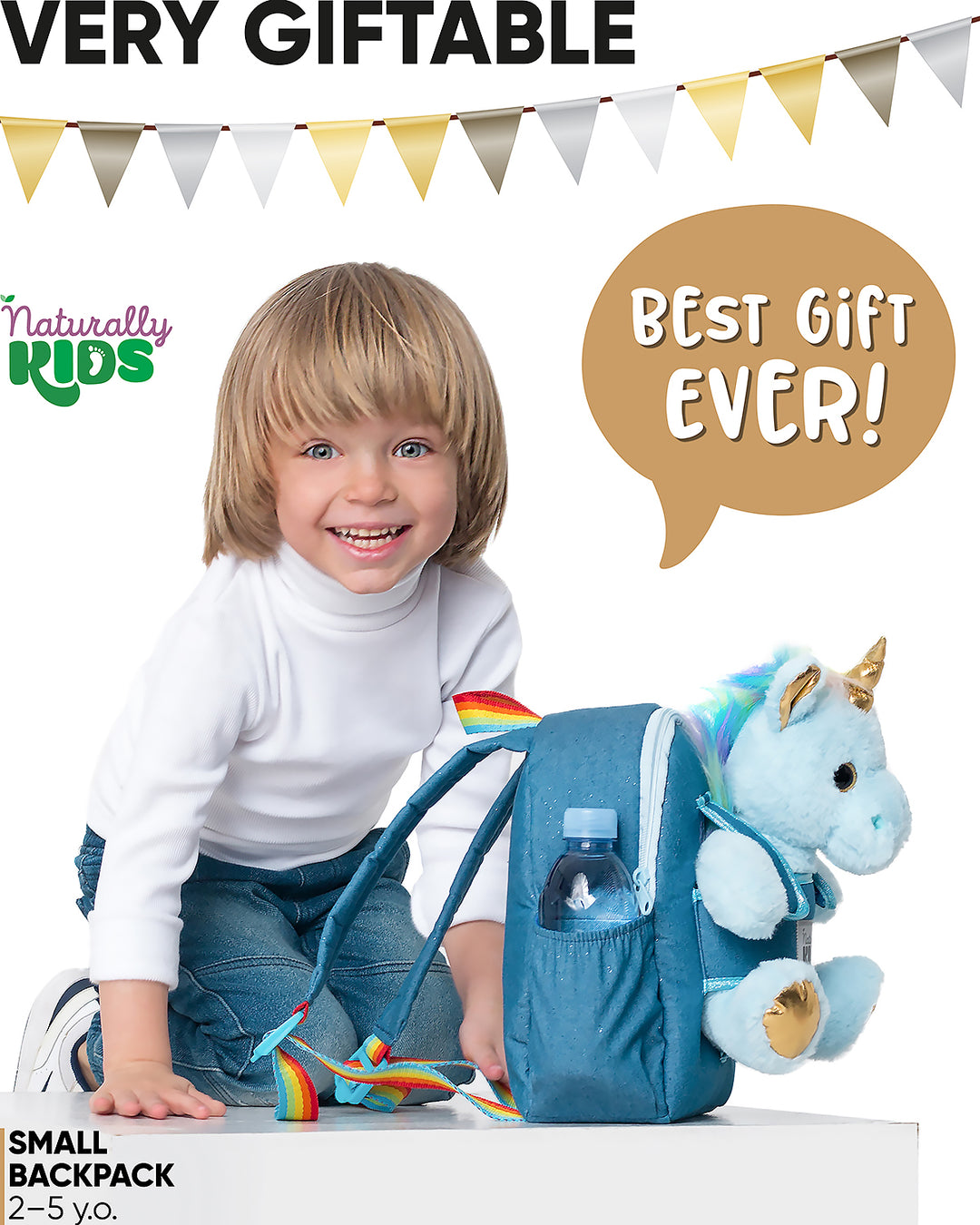 🦄 Toddler Unicorn Backpack &amp; Blue Stuffed Unicorn Plush Toy — SMALL with pockets &amp; reflective safety patch