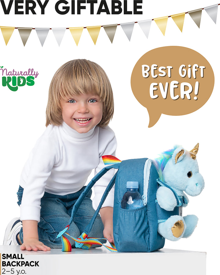 🦄 Toddler Unicorn Backpack &amp; Blue Stuffed Unicorn Plush Toy — SMALL with pockets &amp; reflective safety patch