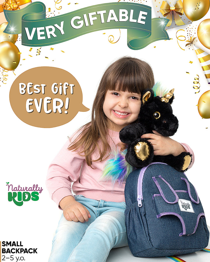 🦄 Toddler Unicorn Backpack &amp; Black Stuffed Unicorn Plush Toy — SMALL with pockets &amp; reflective safety patch