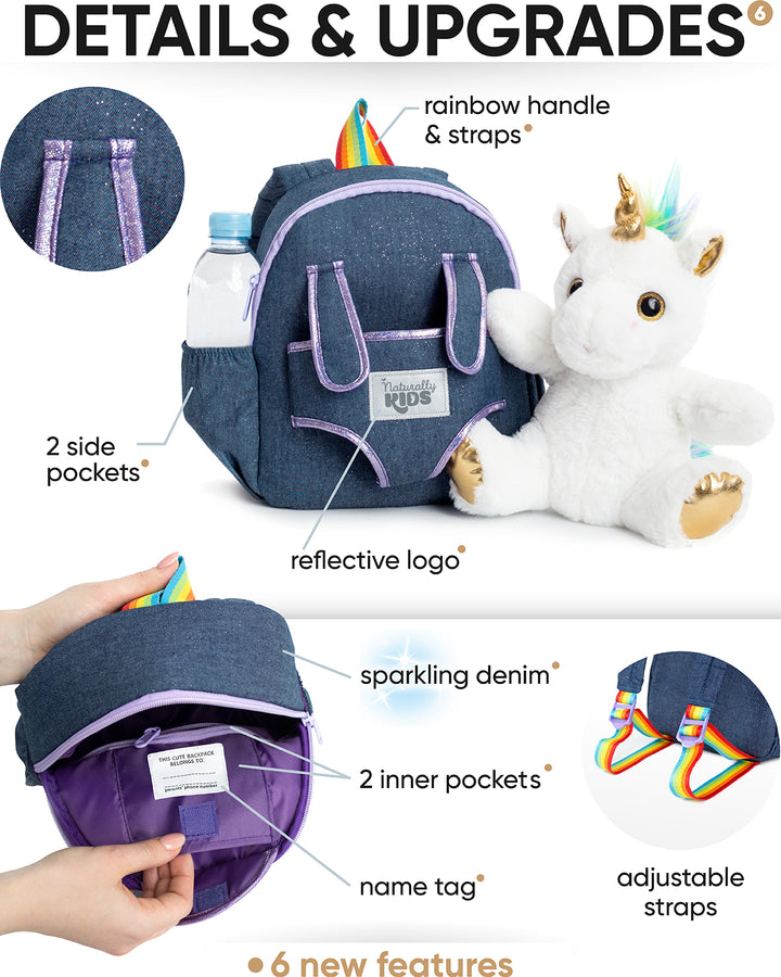 🦄 Toddler Unicorn Backpack with White Plush — SMALL with pockets &amp; reflective safety patch