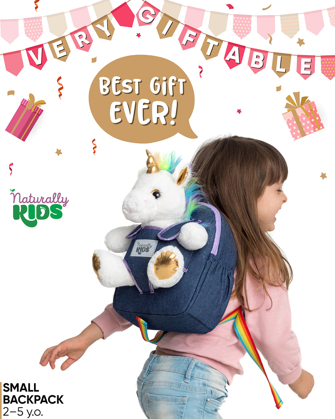 🦄 Toddler Unicorn Backpack with White Plush — SMALL with pockets &amp; reflective safety patch