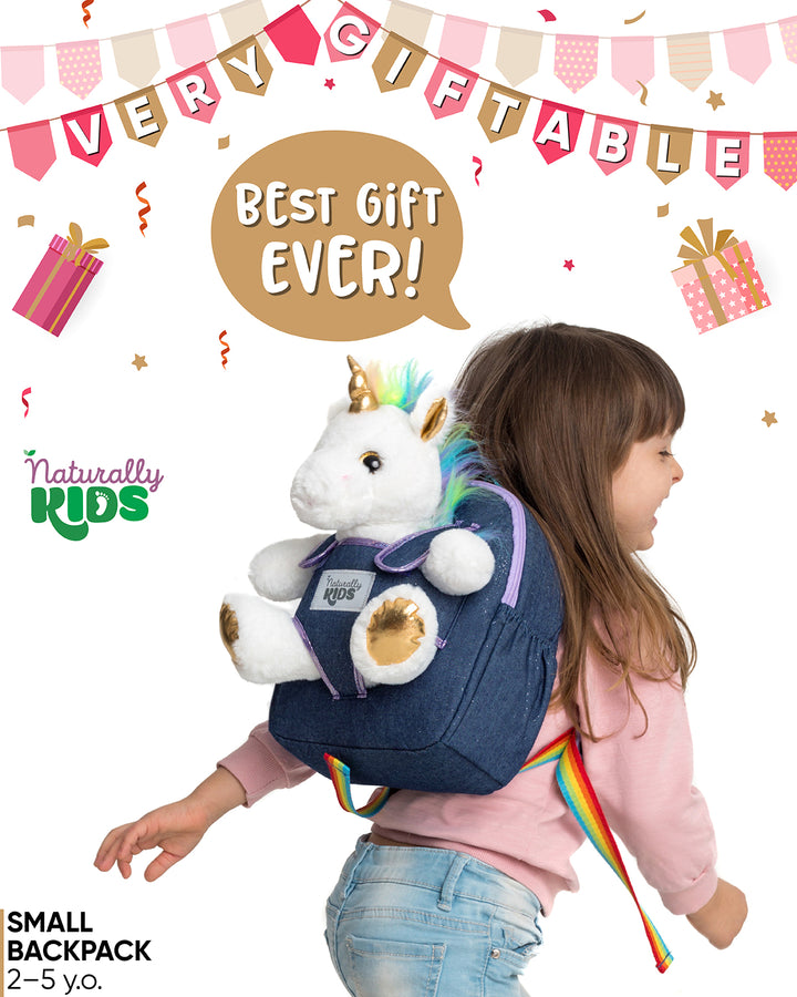 🦄 Toddler Unicorn Backpack with White Plush — SMALL with pockets &amp; reflective safety patch