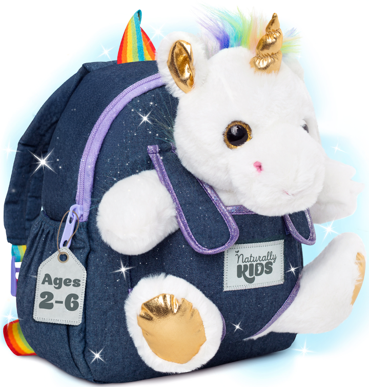 🦄 Toddler Unicorn Backpack with White Plush — SMALL with pockets &amp; reflective safety patch