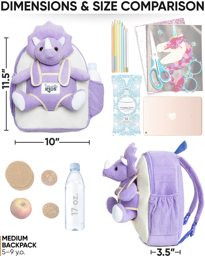Medium dinosaur backpack size: 11.5 × 10 × 3.5 inches, fits a notebook, pencils, scissors, snacks and a water bottle