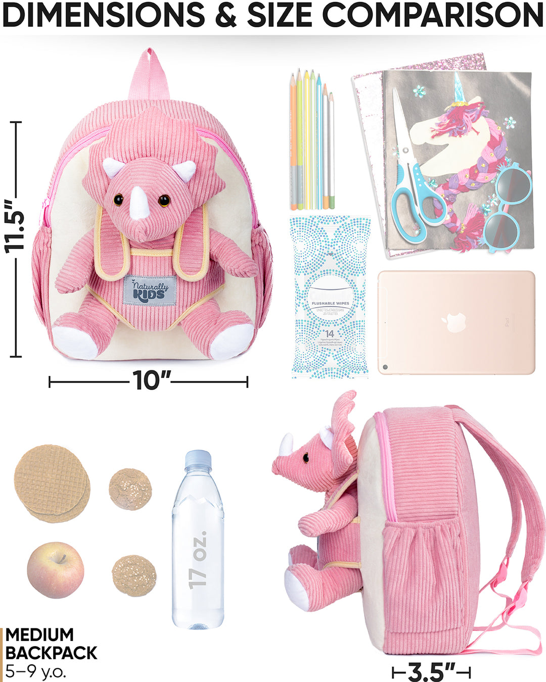 Medium dinosaur backpack size: 11.5 × 10 × 3.5 inches, fits a notebook, pencils, scissors, snacks and a water bottle