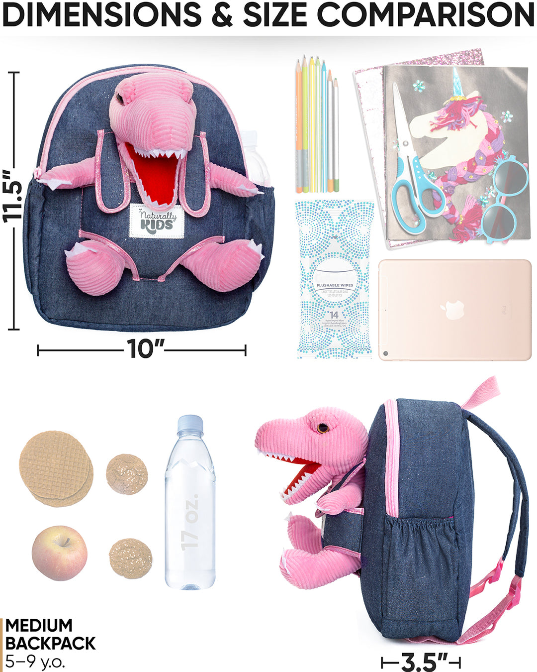 Medium dinosaur backpack size: 11.5 × 10 × 3.5 inches, fits a notebook, pencils, scissors, snacks and a water bottle
